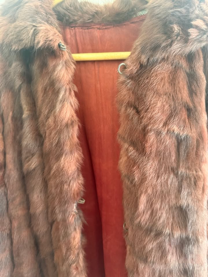 Red rabbit fur coat, front with satin lining